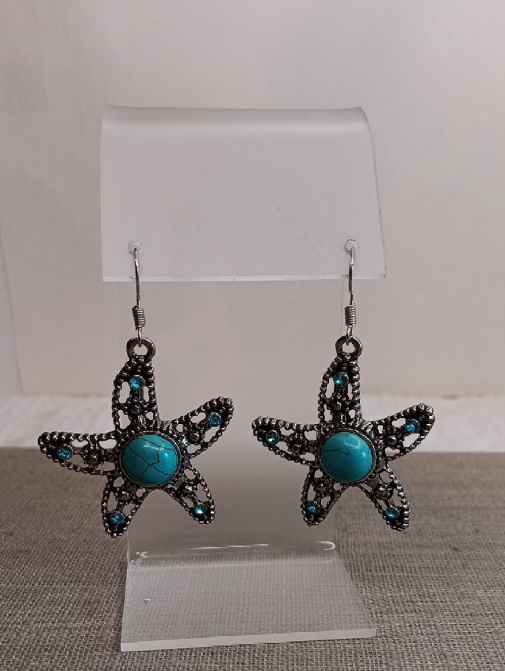 Turquoise Starfish Dangle Pierced Earrings - Silver Tone